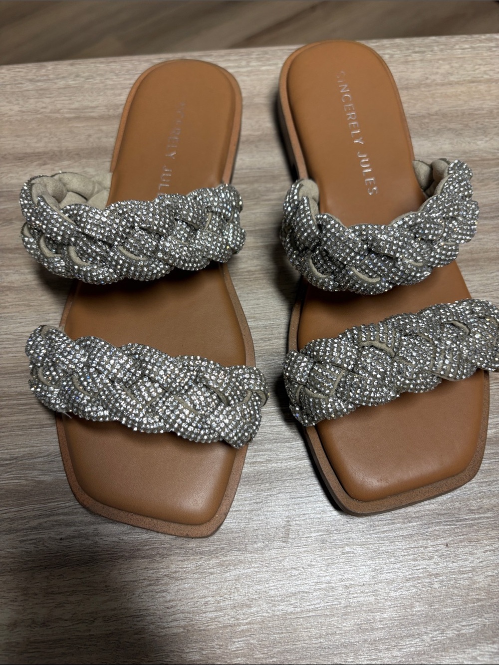 Sincerely Jules Tan Slide Sandals with Silver Braided Crystal Straps